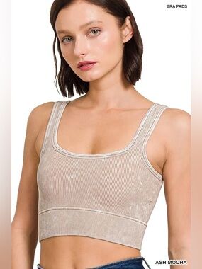 NWT Zenana Ribbed Square Neck Mineral Acid Wash Bra Crop Top Size L/XL